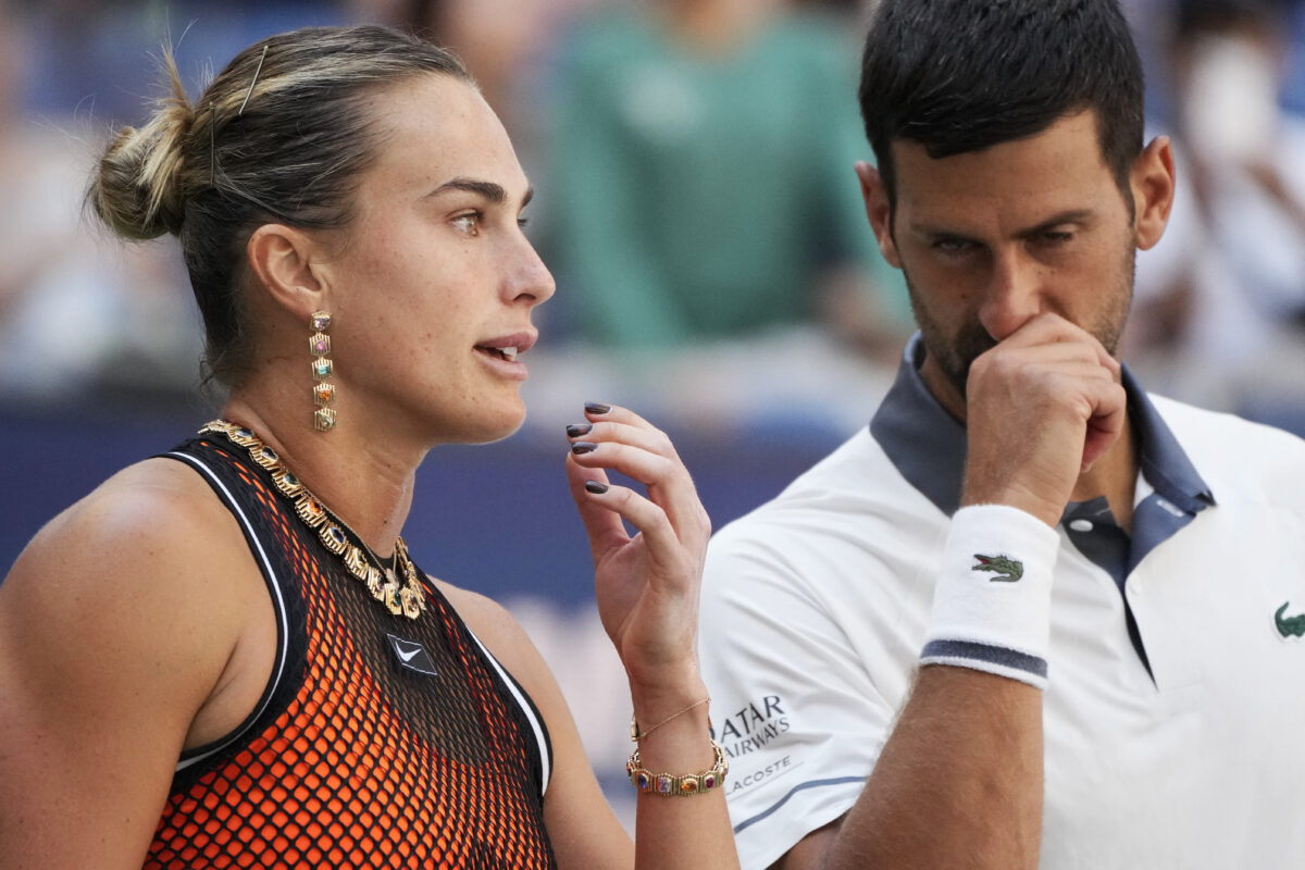 Tennis - U.S. Open - Flushing Meadows, New York, United States - August 25, 2026 Belarus' Aryna Sabalenka and Serbia's Novak Djokovic react during their mixed doubles round of 16 match against Britain's Henry Patten and Czech Republic's Katerina Siniakova REUTERS/Eduardo Munoz