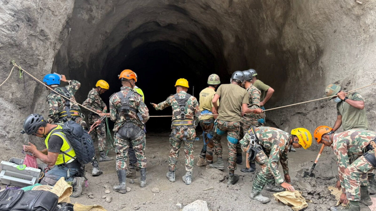 Nepal army soldiers work during a search and rescue operation outside a tunnel near the Hydropower Project sites, following deadly flash floods and mudslides, in Rasuwa district, Nepal, in this handout obtained by Reuters on September 1, 2026. Nepal Army/Handout via REUTERS THIS IMAGE HAS BEEN SUPPLIED BY A THIRD PARTY. MANDATORY CREDIT. NO RESALES. NO ARCHIVES.