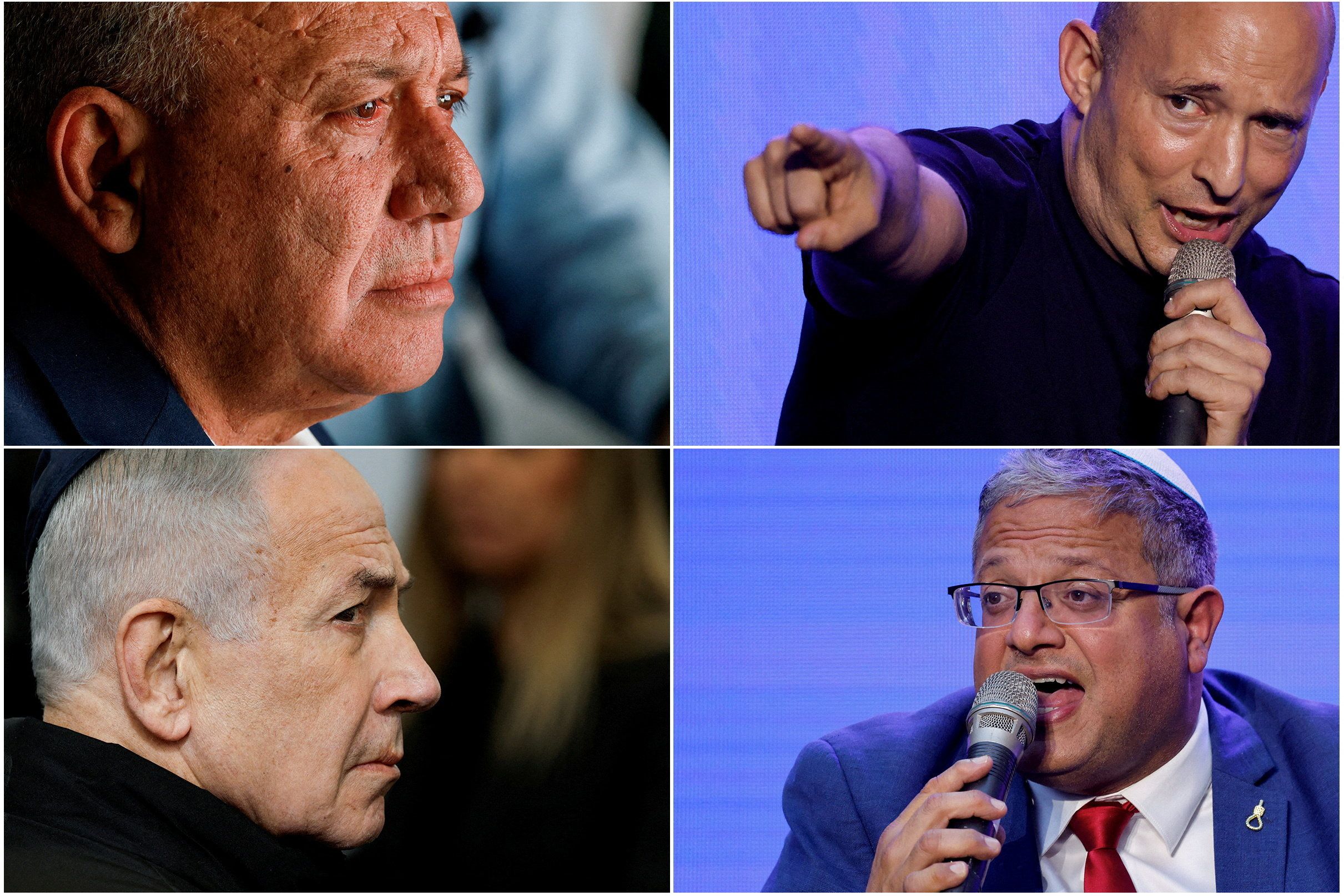 Σύνθετη φωτογραφία του πρώην αρχηγού των ισραηλινών ενόπλων δυνάμεων Γκάντι Άιζενκοτ, του πρώην πρωθυπουργού του Ισραήλ Ναφτάλι Μπένετ, του πρωθυπουργού του Ισραήλ Μπενιαμίν Νετανιάχου και του υπουργού Εθνικής Ασφάλειας του Ισραήλ Ιτάμαρ Μπεν-Γκβίρ