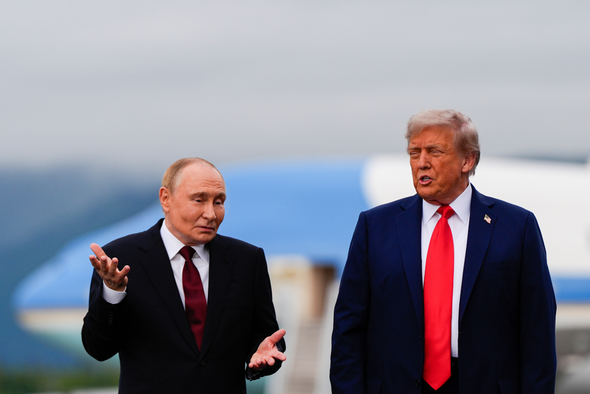 FILE - President Donald Trump Russia's President Vladimir Putin talk, Aug. 15, 2025, at Joint Base Elmendorf-Richardson, Alaska.